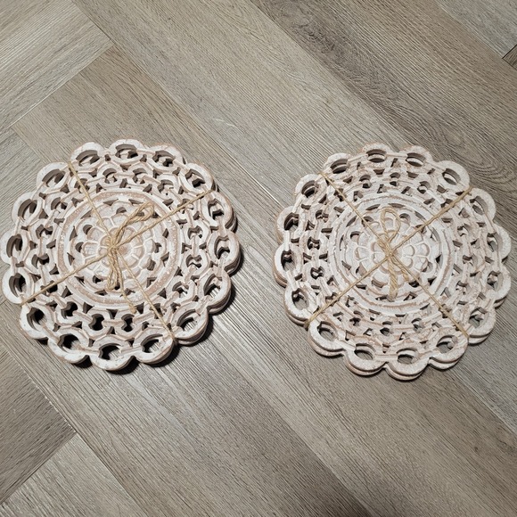 Other - 2 Sets Whitewashed Carved Wood Trivets Boho Mandala Openwork Round Tied